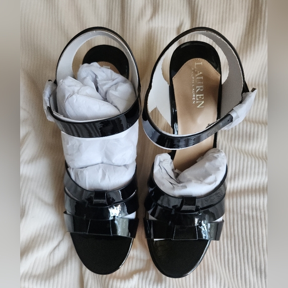 Lauren Ralph Lauren NIB Soffia Nappa Black Leather Sandals Heels sz 9 New In Box - Picture 10 of 14